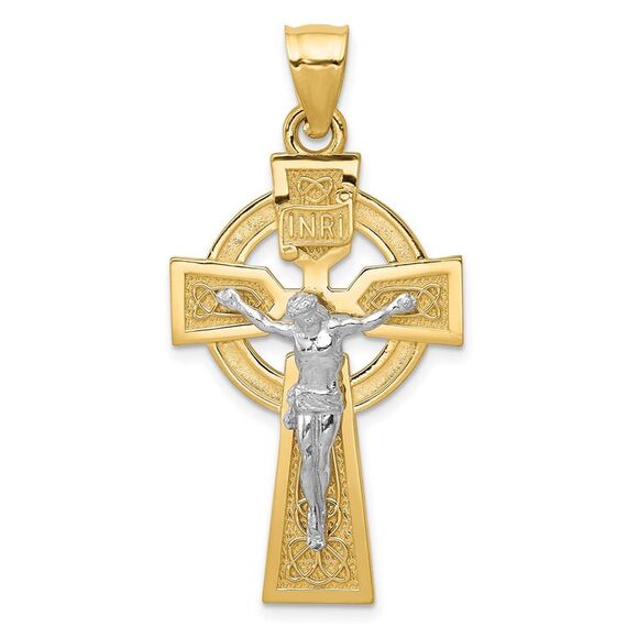 14k Yellow Gold Two-tone Polished Celtic INRI Crucifix Pendant